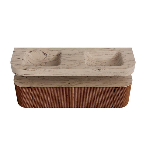 MONDIAZ THOR-DLUX 160cm meuble de salle de bains arrondi gauche + droite couleur Ruby avec 1 tiroir et 2 portes. Vasque suspendue CLOUD Double sans trou de robinet couleur Arena. SW1465126