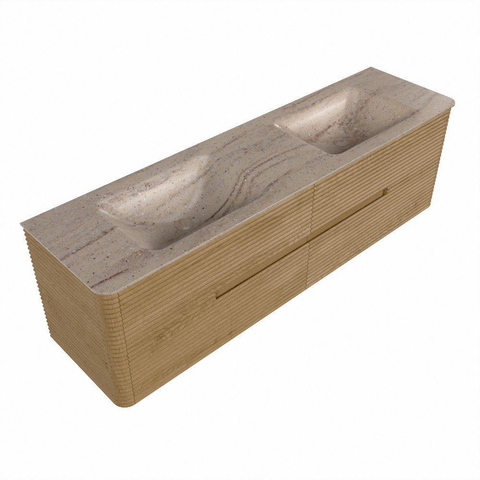 Mondiaz CIRO-DLUX Meuble de salle de bains - 170x45x50cm - Plan vasque solid surface Saba - 2 vasques Double - sans trous de robinetterie - 4 tiroirs - Chêne SW1531199