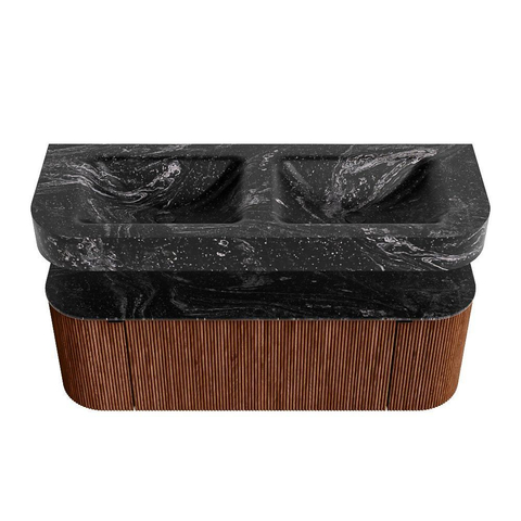 MONDIAZ THOR-DLUX Meuble de salle de bains 130cm arrondi gauche + droite couleur Ruby avec 1 tiroir et 2 portes. Vasque suspendue CLOUD Double sans trou de robinet couleur Lava. SW1463698