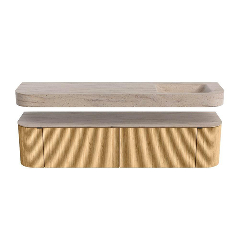 MONDIAZ THOR-DLUX Meuble de salle de bains - 190cm - arrondi gauche + droite - couleur Oak - 2 tiroirs et 2 portes - Vasque suspendue CLOUD Droite 1 trou de robinet - couleur Saba SW1466657