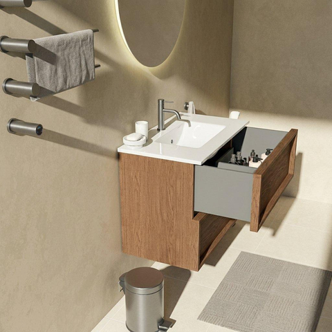 Saniclass Holz Frame Badkamermeubelset - 80x45x62cm - Vygo keramische wastafel wit - 1 wasbak - 1 kraangat - 2 lades - mat walnut pure (hout) SW1580049