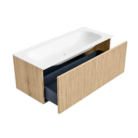 MONDIAZ KURVE Meuble de salle de bains 110cm couleur Oak avec 1 tiroir. Lavabo BIG MEDIUM centré 1 trou de robinet Talc. SW1138223
