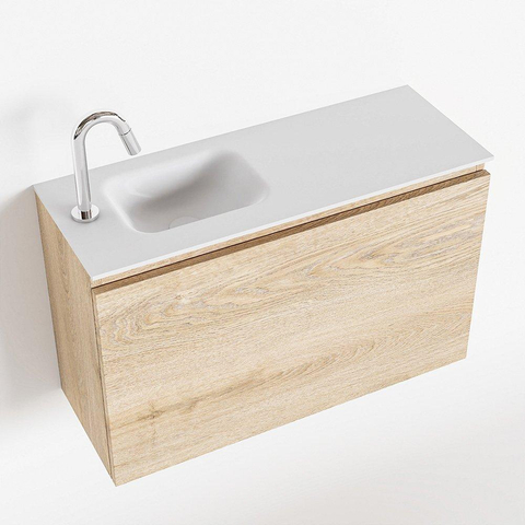 MONDIAZ OLAN Toiletmeubel 80x30x40cm met 1 kraangaten 1 lades washed oak mat Wastafel Lex links Solid Surface Wit SW473455