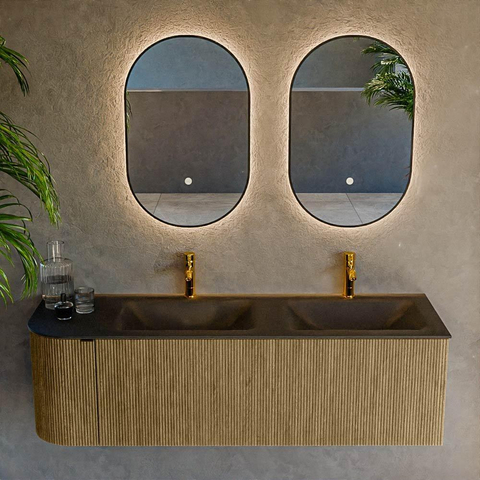 Mondiaz KURVE Ensemble de meuble de salle de bains - 145x46x40cm - 1 tiroir - 1 porte - vasque solid surface - double / droite - 2 trous de robinet - Dusk SW1414833