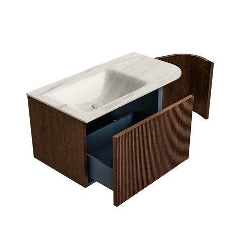 MONDIAZ KURVE-DLUX meuble de salle de bains 85cm arrondi à droite couleur Walnut avec 1 tiroir et 1 porte. Lavabo CLOUD à gauche 1 trou de robinet Meli. SW1431667