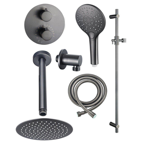 Fortifura Calvi Inbouw Regendoucheset - rond - thermostatisch - plafondarm - glijstang - 25cm - hoofddouche - ronde handdouche - metalen doucheslang - PVD - geborsteld gunmetal (antraciet) SW1244945