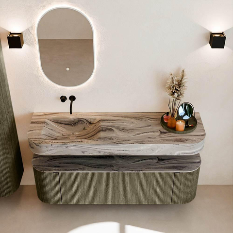 MONDIAZ THOR-DLUX 150cm meuble de salle de bains arrondi gauche + droite couleur Shadow avec 1 tiroir et 2 portes. Vasque suspendue CLOUD Gauche sans trou de robinet couleur Sombra. SW1464914