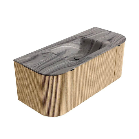MONDIAZ KURVE-DLUX 110cm badmeubel ronding Links + Rechts kleur Oak met 1 lade en 2 deuren. Wastafel CLOUD Midden 1 kraangat Sombra. SW1433532