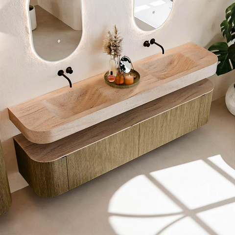 MONDIAZ THOR-DLUX Meuble de salle de bains - 200cm - arrondi gauche + droite - couleur Dusk - 2 tiroirs et 2 portes - Vasque suspendue CLOUD Double sans trou de robinet - couleur Saba SW1467227