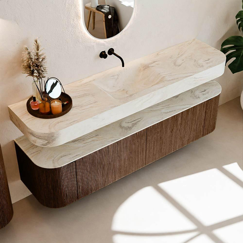 MONDIAZ THOR-DLUX Meuble de salle de bains - 180cm - arrondi gauche + droite - couleur Walnut - 2 tiroirs et 2 portes - Vasque suspendue CLOUD Milieu sans trou de robinet - couleur Ostra SW1465967