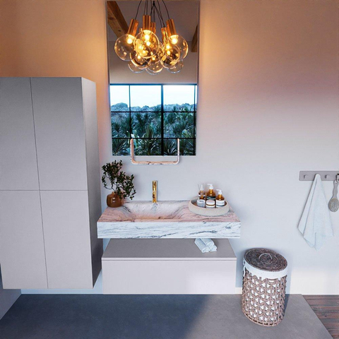 Mondiaz ALAN-DLUX Ensemble de meuble - 100cm - meuble Cale mat - 1 tiroir - Lavabo Cloud Glace suspendu - vasque Gauche - 1 trou de robinet SW806059
