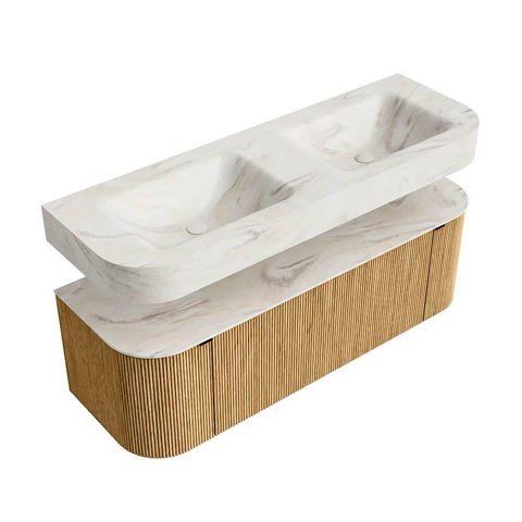 MONDIAZ THOR-DLUX 140cm badmeubel ronding links + rechts kleur Oak met 1 lade en 2 deuren. Vrijhangende wastafel CLOUD Dubbel zonder kraangat kleur Ostra. SW1463937