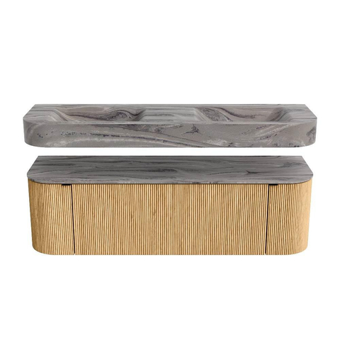 MONDIAZ THOR-DLUX 150cm meuble de salle de bains arrondi gauche + droite couleur Oak avec 1 tiroir et 2 portes. Vasque suspendue CLOUD Double sans trou de robinet couleur Sombra. SW1464915