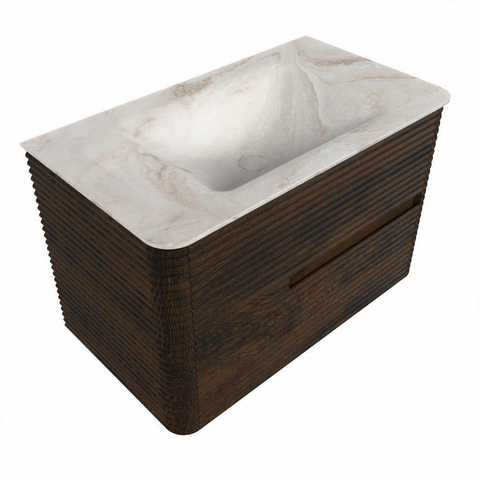 Mondiaz CIRO-DLUX Badkamermeubelset - 80x45x50cm - Solid surface wastafel Frappe - 1 wasbak Midden - zonder kraangaten - 2 lades - Walnut SW1530112