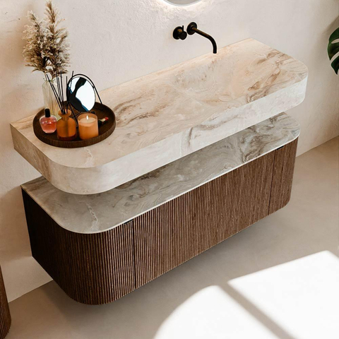 MONDIAZ THOR-DLUX 130cm meuble de salle de bains arrondi gauche + droite couleur Walnut avec 1 tiroir et 2 portes. Vasque suspendue CLOUD Droite sans trou de robinet couleur Frappe. SW1463573