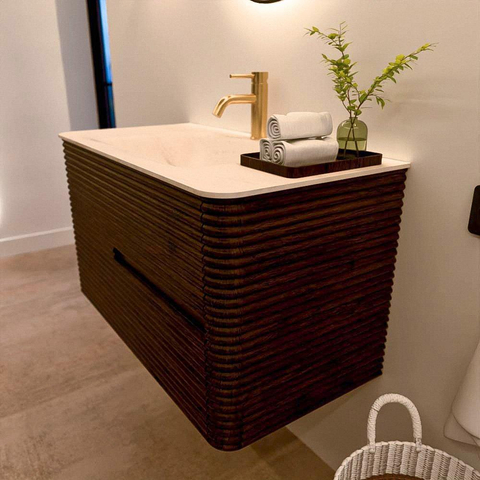 Mondiaz CIRO-DLUX Badkamermeubelset - 90x45x50cm - Solid surface wastafel Meli - 1 wasbak Midden - 1 kraangat - 2 lades - Walnut SW1530506