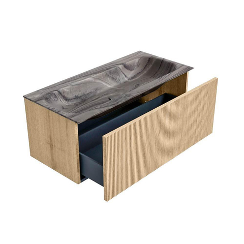 MONDIAZ KURVE-DLUX Meuble de salle de bains 100cm couleur Oak avec 1 tiroir et 0 porte. Lavabo BIG MEDIUM Central sans trou de robinet Sombra. SW1433558