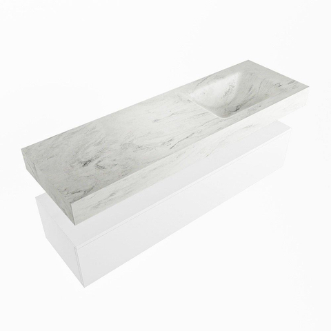 Mondiaz ALAN-DLUX Ensemble de meuble - 150cm - meuble Talc mat - 1 tiroir - Lavabo Cloud Opalo suspendu - vasque Droite - 1 trou de robinet SW806342