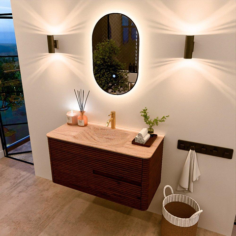 Mondiaz CIRO-DLUX Meuble de salle de bains - 100x45x50cm - Plan vasque Solid surface Saba - 1 vasque Centr&eacute;e - 1 trou de robinet - 2 tiroirs - Ruby SW1532148