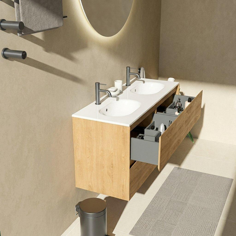 Saniclass Holz Pure Badkamermeubelset - 120x45x74cm - Chaci keramische wastafel wit - 2 wasbakken - 2 kraangaten - 4 lades - mat eiken natural (hout) SW1478254