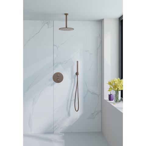 FugaFlow Eccelente Acces Ensemble de douche de pluie encastré - rond - thermostatique - bras de plafond - pomme de tête 25cm - douchette à main sur barre - Cuivre brossé PVD (Cuivre) SW1450192