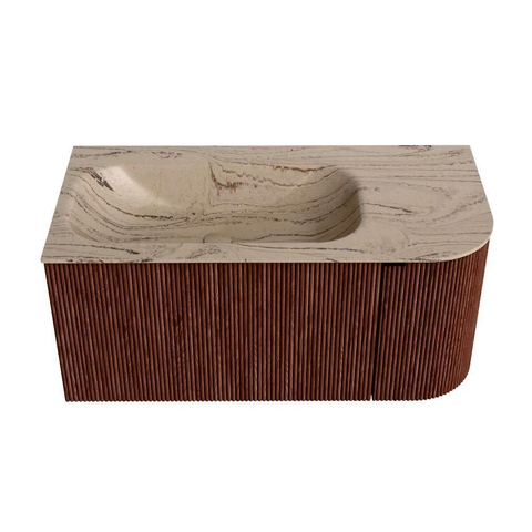 MONDIAZ KURVE-DLUX Meuble de salle de bains 95cm arrondi à droite couleur Ruby avec 1 tiroir et 1 porte. Lavabo BIG SMALL à gauche sans trou de robinet Arena. SW1431479