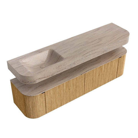 MONDIAZ THOR-DLUX 180cm meuble de salle de bains arrondi gauche + droite couleur Oak avec 2 tiroirs et 2 portes. Vasque suspendue CLOUD Gauche 1 trou de robinet couleur Saba. SW1466331