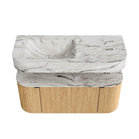 MONDIAZ THOR-DLUX 110cm badmeubel ronding links + rechts kleur Oak met 1 lade en 2 deuren. Vrijhangende wastafel CLOUD Links zonder kraangat kleur Glace. SW1462726