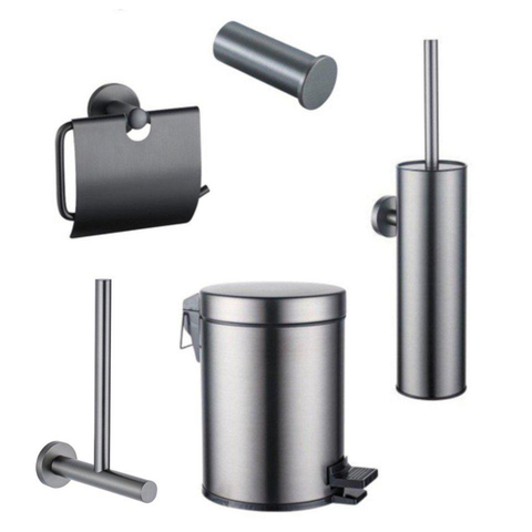 Fortifura Calvi Toiletset 5-delig - toiletrolhouder - reserverolhouder - toiletborstelhouder - handdoekhaak - pedaalemmer - PVD - geborsteld gunmetal (antraciet) SW1478230