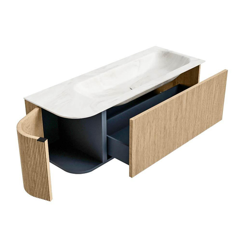 MONDIAZ KURVE-DLUX 125cm badmeubel met module 25 L kleur Oak met 1 lade en 1 deur. Wastafel BIG MEDIUM rechts 1 kraangat kleur Ostra. SW1137775