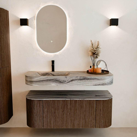 MONDIAZ THOR-DLUX 120cm badmeubel ronding links + rechts kleur Walnut met 1 lade en 2 deuren. Vrijhangende wastafel CLOUD Links 1 kraangat kleur Sombra. SW1463629