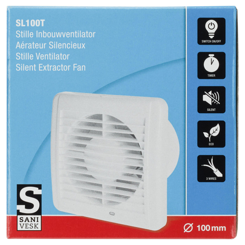 Sanivesk Standaard Ventilateur - Ø10 - Silencieux - Minuterie - Sur interrupteur (lumière) - Carré - Blanc SW1212658