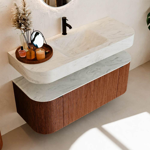MONDIAZ THOR-DLUX 120cm meuble de salle de bains arrondi gauche + droite couleur Ruby avec 1 tiroir et 2 portes. Vasque suspendue CLOUD Milieu 1 trou de robinet couleur Opalo. SW1463146