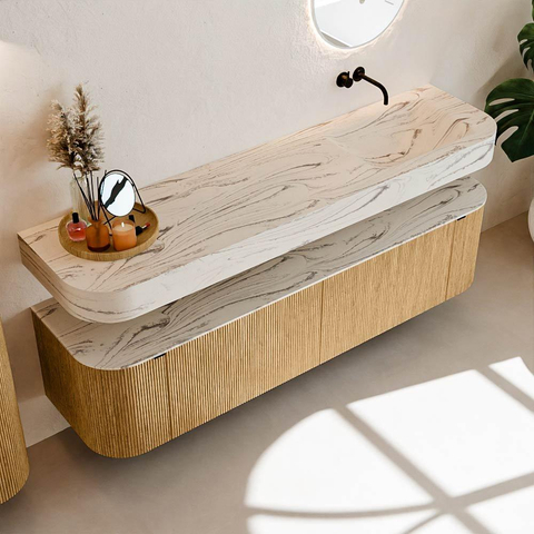 MONDIAZ THOR-DLUX 180cm meuble de salle de bains arrondi gauche + droite couleur Oak avec 2 tiroirs et 2 portes. Vasque suspendue CLOUD Droite sans trou de robinet couleur Nata. SW1466208