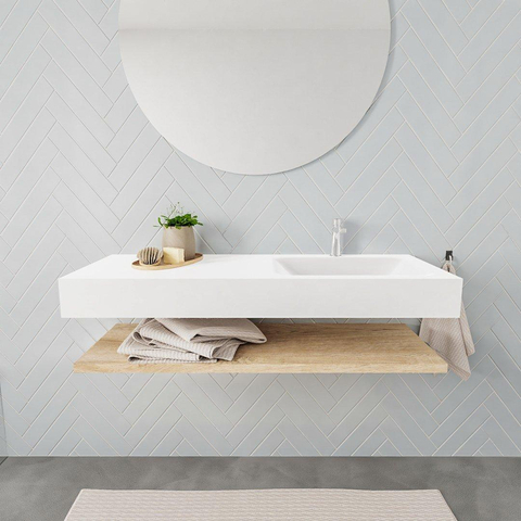 MONDIAZ ALAN 120cm - Ensemble meuble de salle de bains - tablette - chêne blanchi - lavabo suspendu - vasque à droite - 1 trou de robinet - talc SW408773
