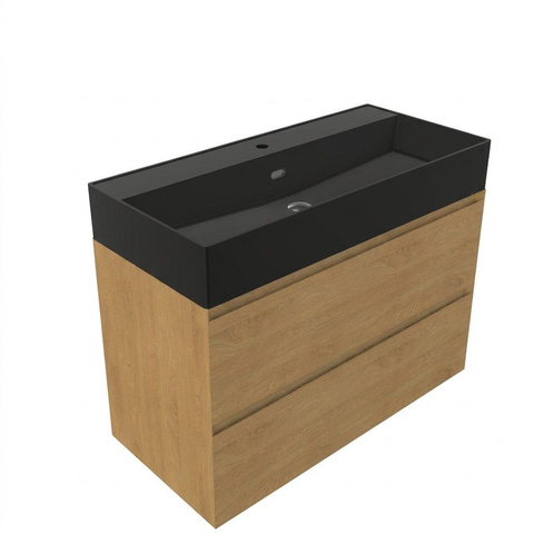 Saniclass Holz Pure Badkamermeubelset - 100x45x72cm - Legend keramische wastafel mat zwart - 1 wasbak - 1 kraangat - 2 lades - mat eiken natural (hout) SW1580185