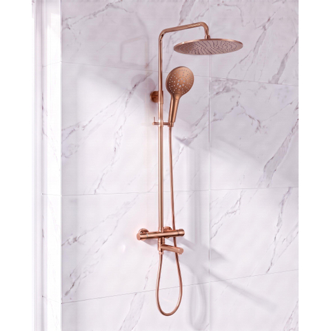 Fortifura Calvi Regendoucheset - thermostatisch - 25cm hoofddouche - gladde slang - ronde handdouche - draaibare baduitloop - geborsteld koper PVD SW1592517