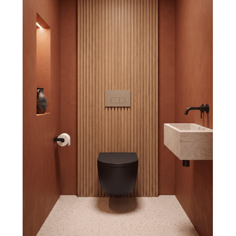 QeramiQ Dely Swirl Pack WC suspendu - 36.3x51.7cm - bâti-support Geberit UP320 - abattant Slim - plaque de commande taupe - boutons rectangulaires - noir mat SW1164230