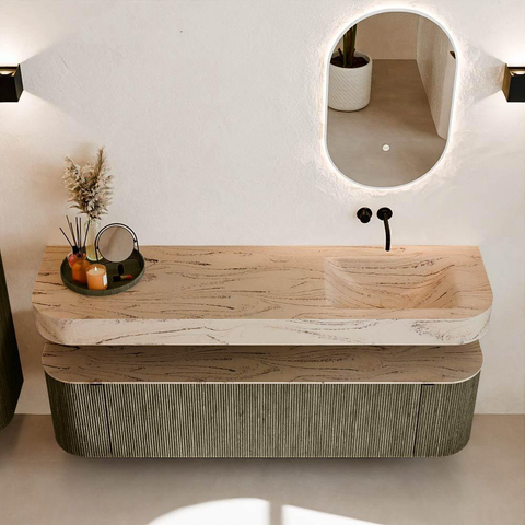 MONDIAZ THOR-DLUX Meuble de salle de bains 170cm arrondi gauche + droite couleur Shadow avec 1 tiroir et 2 portes. Vasque suspendue CLOUD Droite sans trou de robinet couleur Arena. SW1465825