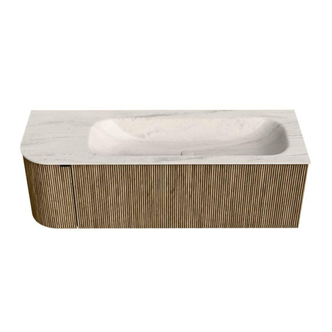 MONDIAZ KURVE-DLUX Meuble de salle de bains 135cm arrondi à gauche couleur Dusk avec 1 tiroir et 1 porte. Lavabo BIG MEDIUM à droite sans trou de robinet Meli. SW1431889