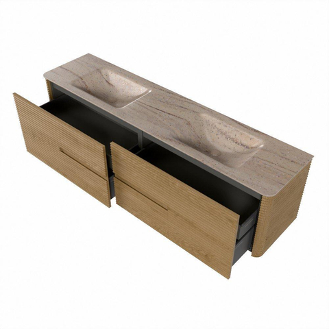 Mondiaz CIRO-DLUX Meuble de salle de bains - 190x45x50cm - Plan vasque Solid surface Saba - 2 vasques Double - 2 trous de robinetterie - 4 tiroirs - Chêne SW1531237