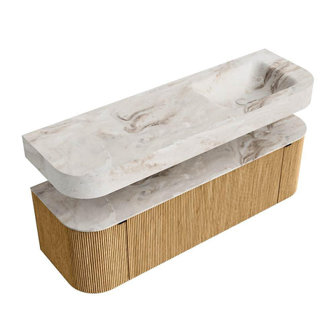MONDIAZ THOR-DLUX 150cm badmeubel ronding links + rechts kleur Oak met 1 lade en 2 deuren. Vrijhangende wastafel CLOUD Rechts zonder kraangat kleur Frappe. SW1464567