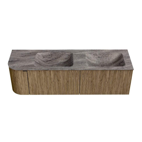 MONDIAZ KURVE-DLUX Meuble de salle de bains 155 cm arrondi à gauche couleur Dusk avec 2 tiroirs et 1 porte. Vasque LEAF Double / Droite sans trou de robinet Oza. SW1433023