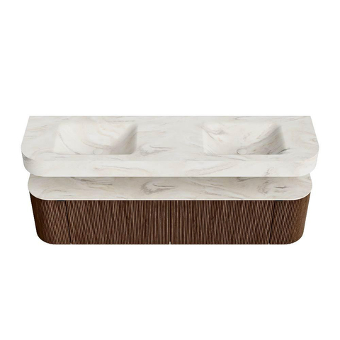 MONDIAZ THOR-DLUX 180cm badmeubel ronding links + rechts kleur Walnut met 2 lades en 2 deuren. Vrijhangende wastafel CLOUD Dubbel 2 kraangaten kleur Ostra. SW1465953