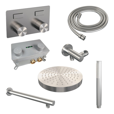 BRAUER Stripe Douche de tête thermostatique encastrée - boutons-poussoirs - pomme de douche 25cm - bras mural droit - douchette à main barre - flexible de douche - coude mural - couleur inox brossé PVD SW1435236