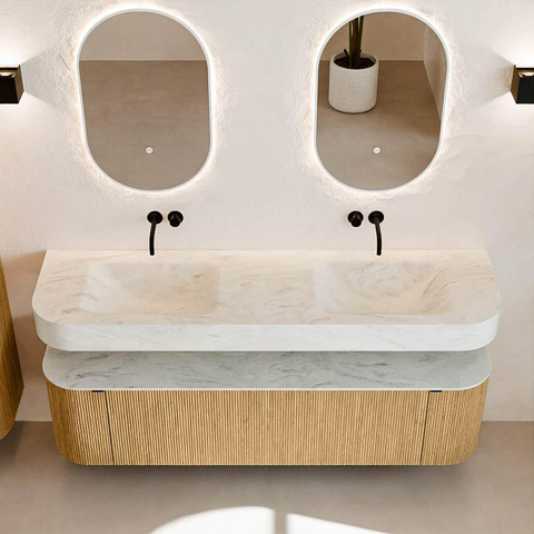 MONDIAZ THOR-DLUX 170cm badmeubel ronding links + rechts kleur Oak met 1 lade en 2 deuren. Vrijhangende wastafel CLOUD Dubbel zonder kraangat kleur Opalo. SW1465424