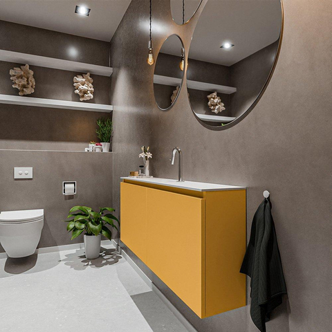 MONDIAZ TURE Toiletmeubel 120x23x50cm met 1 kraangaten 2 deuren ocher mat Wastafel Eden midden Solid Surface Wit SW475070