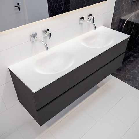 ENSEMBLE DE MEUBLE MONDIAZ VICA - 150 cm - 2 tiroirs - lavabo Moon double - 0 trou de robinet - solid surface gris foncé SW409807