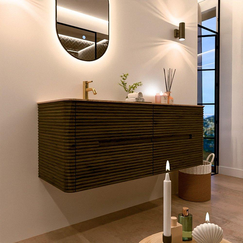 Mondiaz CIRO-DLUX Meuble de salle de bains - 130x45x50cm - Plan-vasque Solid surface Arena - 1 vasque à gauche - 1 trou de robinet - 4 tiroirs - Shadow SW1532385