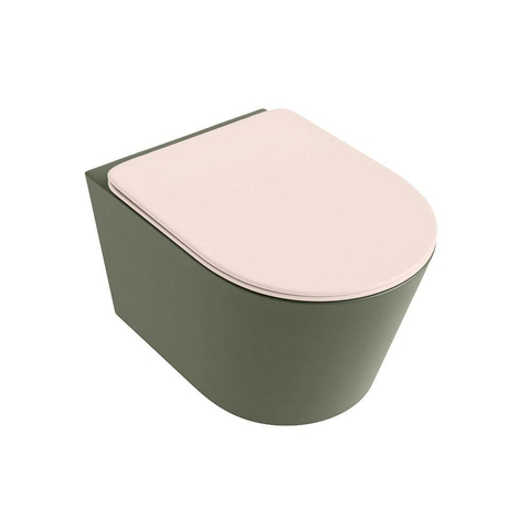 Mondiaz LAVIE hangtoilet – spoelrandloos – 36 x 53 cm – met softclose zitting – Army (groen), zitting Rosee (roze) SW1208683